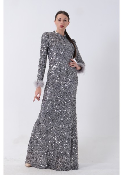 Gri Pul Payetli ve Tüy Detaylı Tesettür Abiye 6502490.06 fırsatları