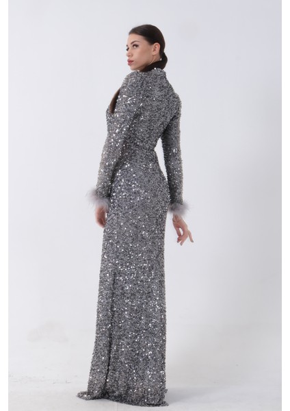 Gri Pul Payetli ve Tüy Detaylı Tesettür Abiye 6502490.06 indirimleri