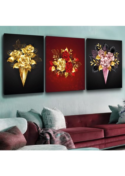 3'lü Kanvas 40 X 60 Cm Renkli Güller Tablosu
