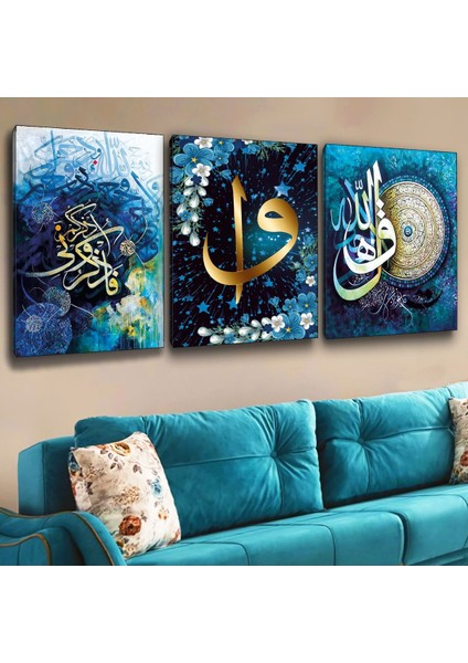 Zevahir 3'lü Kanvas Elif Vav Ve Allah Muhammed Lafzı Dini Tablo