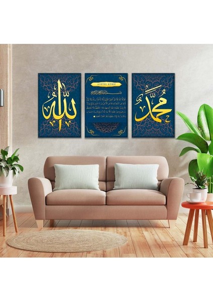 Zevahir 3'lü Kanvas Ayetel Kürsi Ve Allah Hz Muhammed Lafzı Dini Tablo
