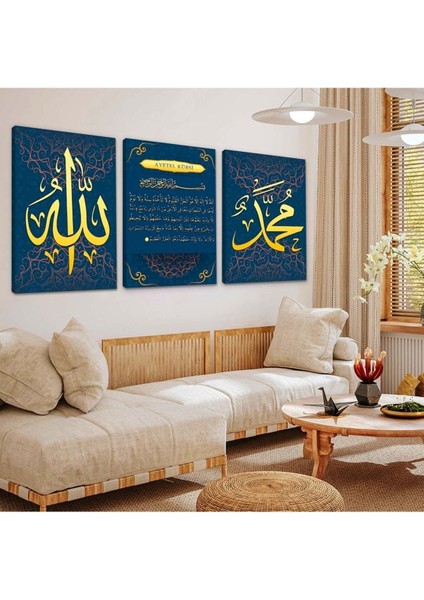Zevahir 3'lü Kanvas Ayetel Kürsi Ve Allah Hz Muhammed Lafzı Dini Tablo