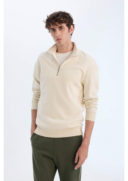 Comfort Regular Fit Rahat Kalıp Fermuarlı Dik Yaka Basic Düz Sweatshirt X7405AZ24AU