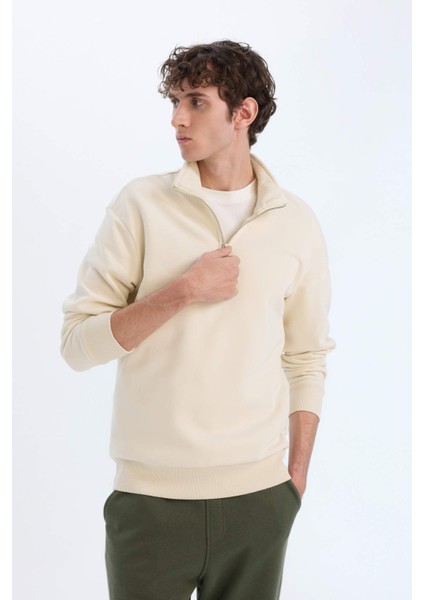 Comfort Regular Fit Rahat Kalıp Fermuarlı Dik Yaka Basic Düz Sweatshirt X7405AZ24AU