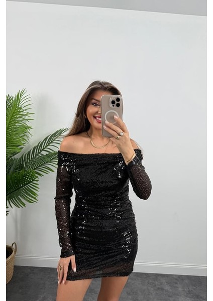 Madonna Yaka Payetli Drapeli Mini Elbise Yılbaşı Elbise modelleri