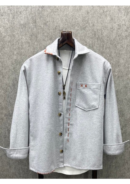 Oversize Bohem Çoban Dikişli Pamuk Kaşe Gri Gömlek