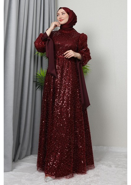 Betül Tesettür Abiye Bordo