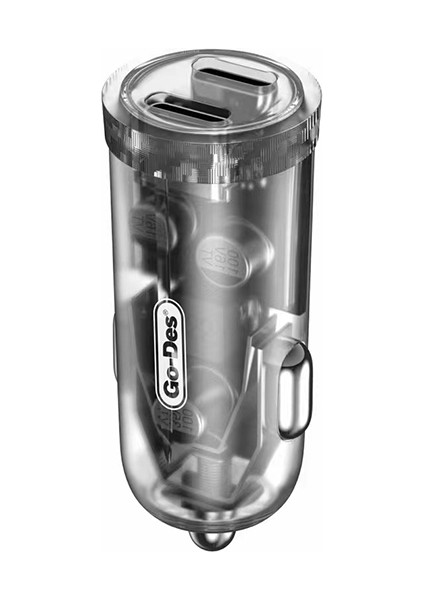 Çift Pd Çıkışlı Araç Şarj Başlığı Go Des GD-QC2012 Transparan Görünümlü 40W Gri