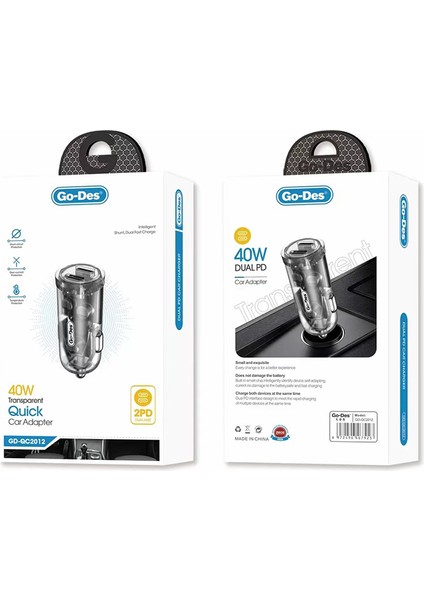 Çift Pd Çıkışlı Araç Şarj Başlığı Go Des GD-QC2012 Transparan Görünümlü 40W Gri