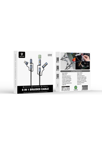LC112 Çoklu Şarj Kablolu Fener ve Çakmaklık Özellikli 6in1 Kablo 240W 1m Gri