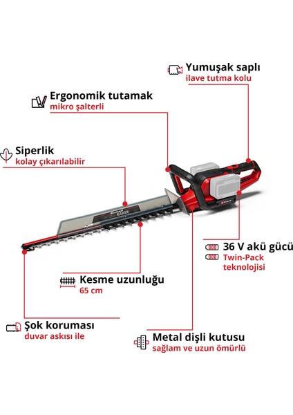 GE-CH 36/65 Li - Solo, Akülü Çit Budama (Akü ve şarj cihazı dahil değildir)