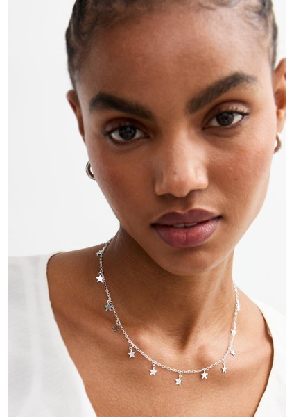 Gümüş Rengi Çoklu Yıldız Sallantılı Kadın Kolye
