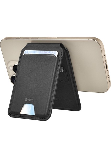 Findmy Özellikli Magnetik Standlı Kartlık MW-005 Qi Kablosuz Şarj Uyumlu Mag Wallet Siyah