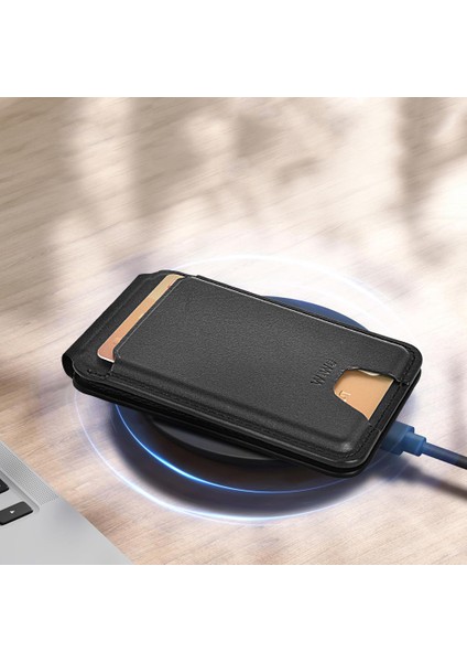 Findmy Özellikli Magnetik Standlı Kartlık MW-005 Qi Kablosuz Şarj Uyumlu Mag Wallet Siyah