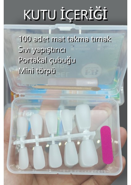 100 Adet Mat LARGE Beden KISA Takma Tırnak Seti KÜT COFFIN Şekil. Özel Kutuda ve Yapıştırıcı Hediyeli modelleri