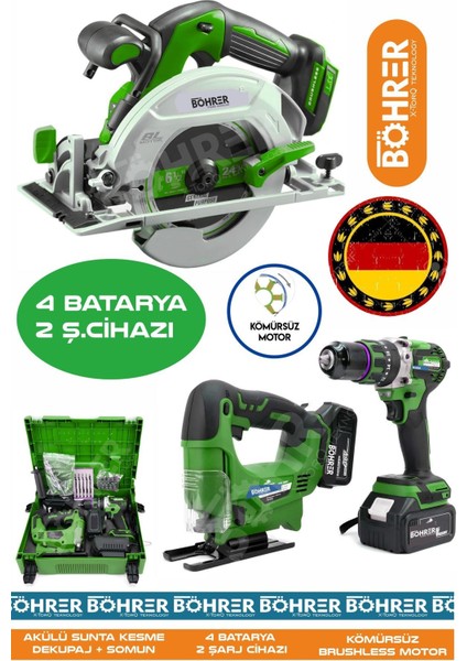 3 Lü Akülü Green Dekupaj Testere, 185 mm Akülü Sunta Kesme ve Akülü 13 mm Demir Mandren Vidalama