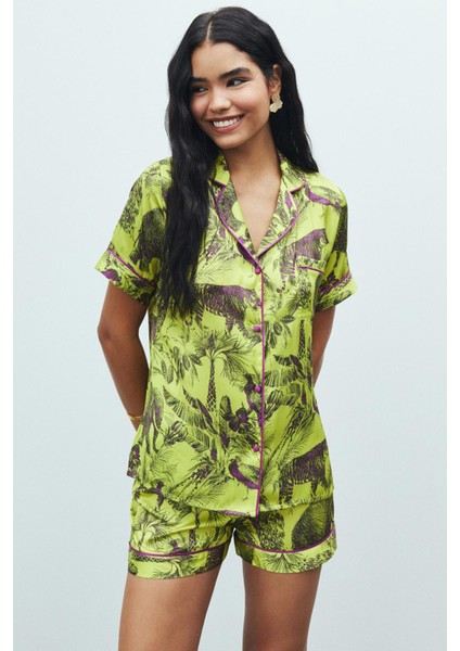 Amoureux Saten Jardin Desenli Kısa Pijama Takımı