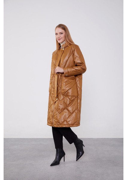 Kahve Yüksek Cep Kapitone Şişme Mont