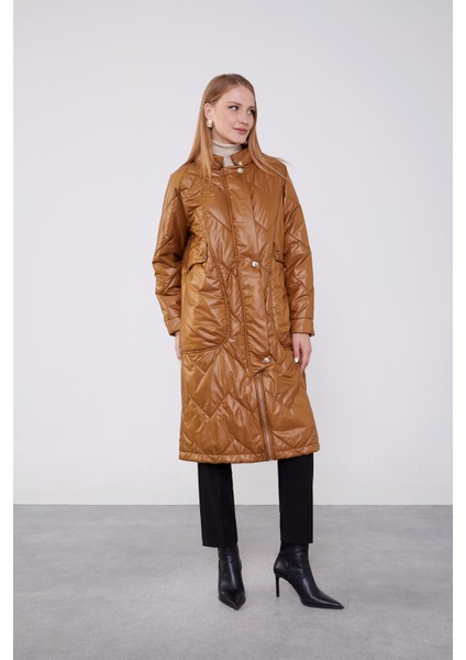 Kahve Yüksek Cep Kapitone Şişme Mont fiyatları