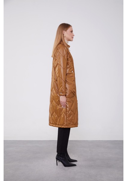 Kahve Yüksek Cep Kapitone Şişme Mont modelleri