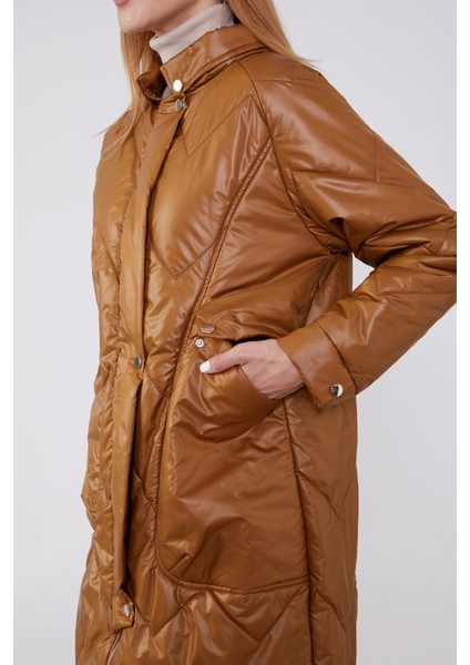 Kahve Yüksek Cep Kapitone Şişme Mont indirimleri