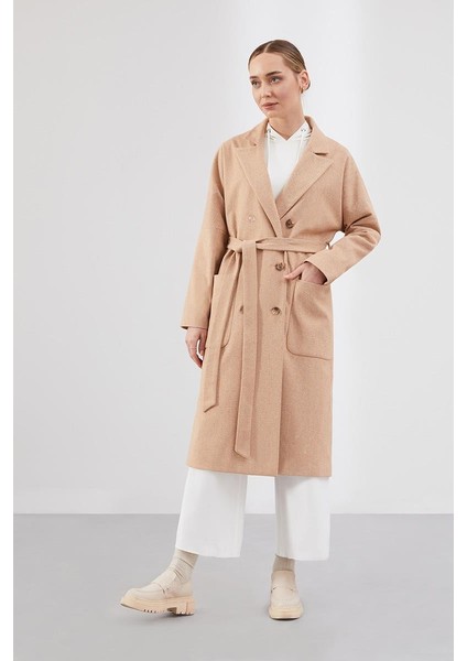 Camel Çizgi Desen Belden Kuşaklı Kaban