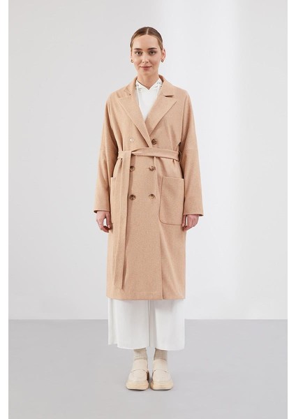 Camel Çizgi Desen Belden Kuşaklı Kaban fiyatları