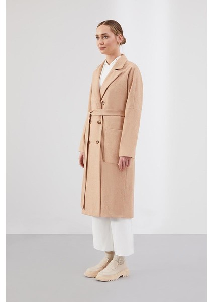 Camel Çizgi Desen Belden Kuşaklı Kaban modelleri