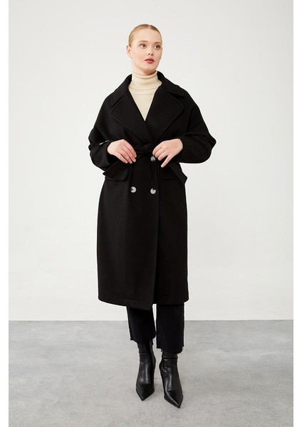 Siyah Kruvaze Yaka Kaşe Kaban