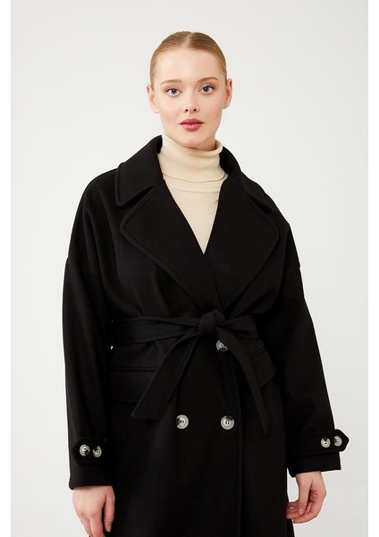 Siyah Kruvaze Yaka Kaşe Kaban fiyatları