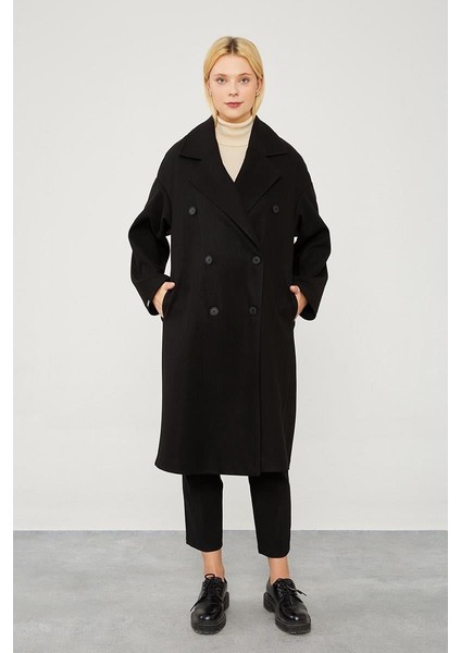 Siyah Oversize Astarsız Kaşe Kaban