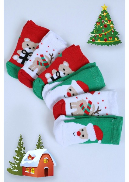 Pamuklu 6'lı Yılbaşı Noel Baba Kışlık Havlu Yenidoğan Bebek Çorap