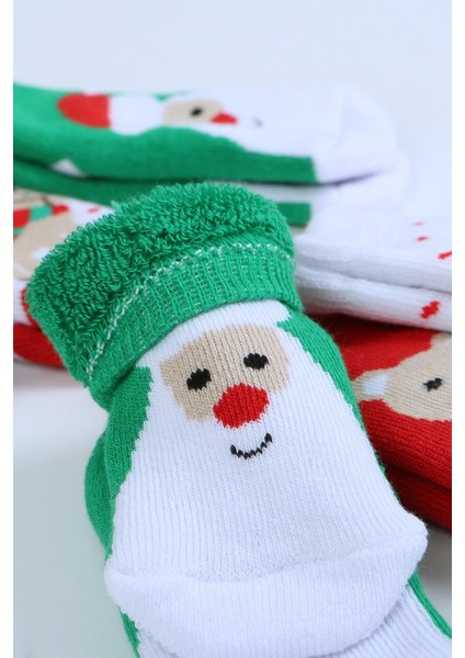 Pamuklu 6'lı Yılbaşı Noel Baba Kışlık Havlu Yenidoğan Bebek Çorap