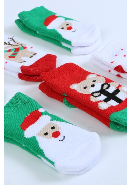 Pamuklu 6'lı Yılbaşı Noel Baba Kışlık Havlu Yenidoğan Bebek Çorap