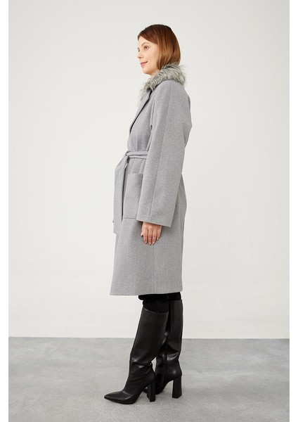 Gri Yakası Küklü Kuşaklı Kaşe Kaban indirimleri