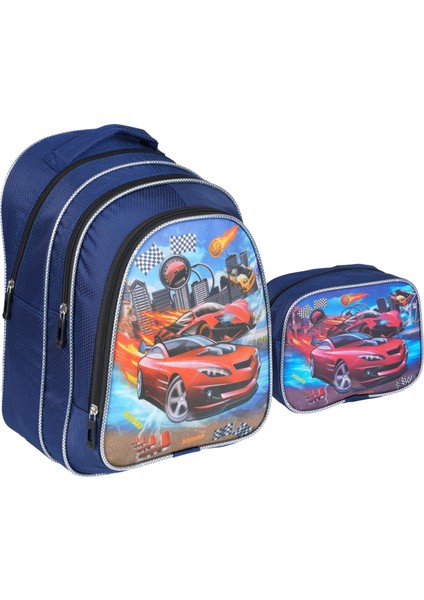 Kırmızı Araba Desenli Ilkokul Çantası Beslenme Çantalı 1312-6