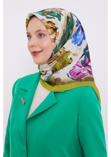 Lime Soyut Desen Modal İpek Eşarp