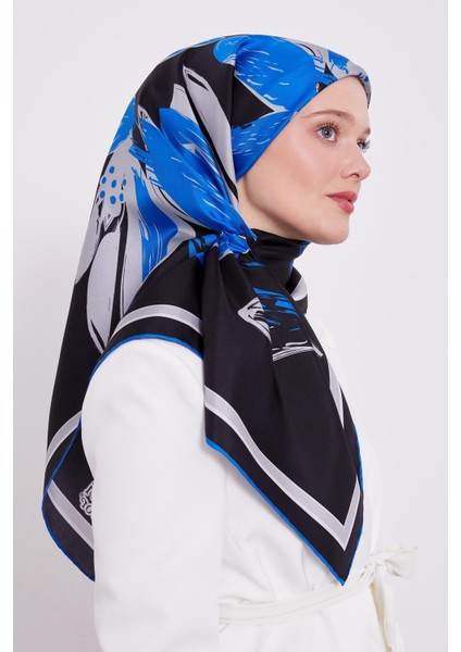 Saks Çiçek Desen Twill Ipek Esarp