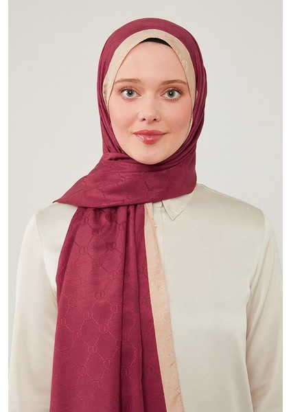 Vişne Şerit Kenarlı Monogram Şal