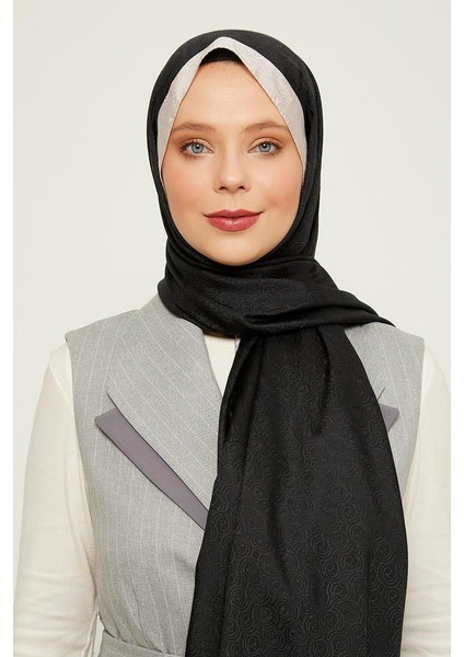 Siyah - Bej Halka Desen Monogram Şal