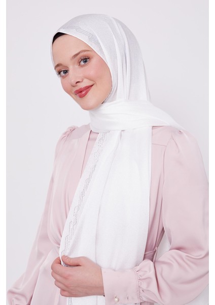 Beyaz Dalgalı İşlemeli Diamond Şal