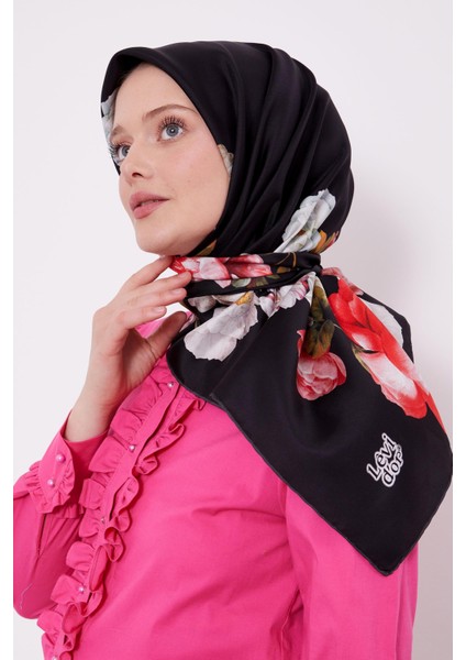Siyah Köşe Gül Desen Twill İpek Eşarp