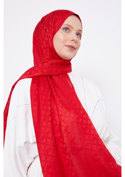 Kırmızı Halka Desen Jakarlı Janjan şal