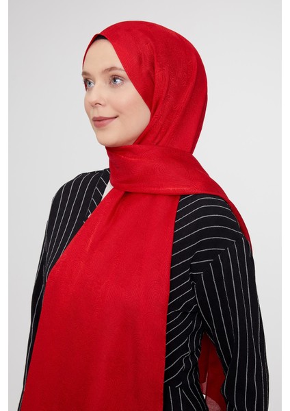 Kırmızı Hologram Desen Jakarlı Janjan Şal