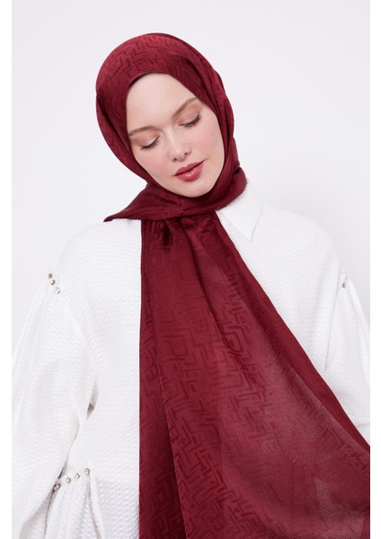 Vişne Labirent Desen Jakarlı Janjan Şal