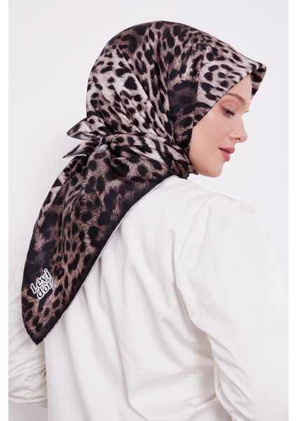 Siyah Leopar Desen Twill Ipek Esarp