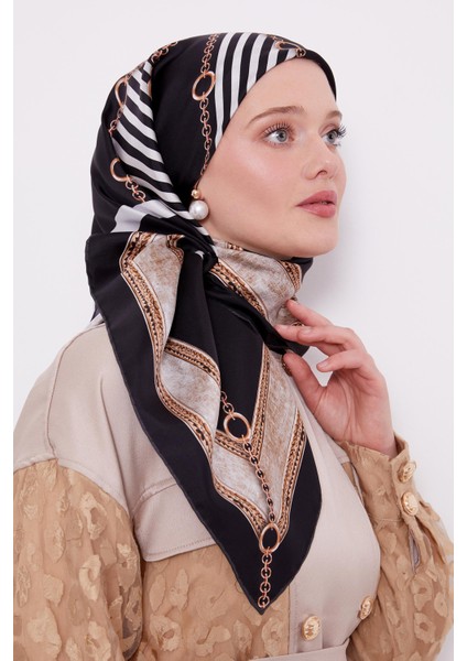 Siyah Çizgili Twill Ipek Eşarp