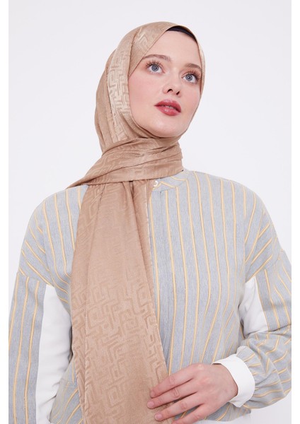 Sütlü Kahve Labirent Desen Jakarlı Janjan Şal