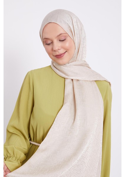 Krem Labirent Desen Jakarlı Janjan Şal