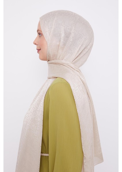 Krem Labirent Desen Jakarlı Janjan Şal modelleri